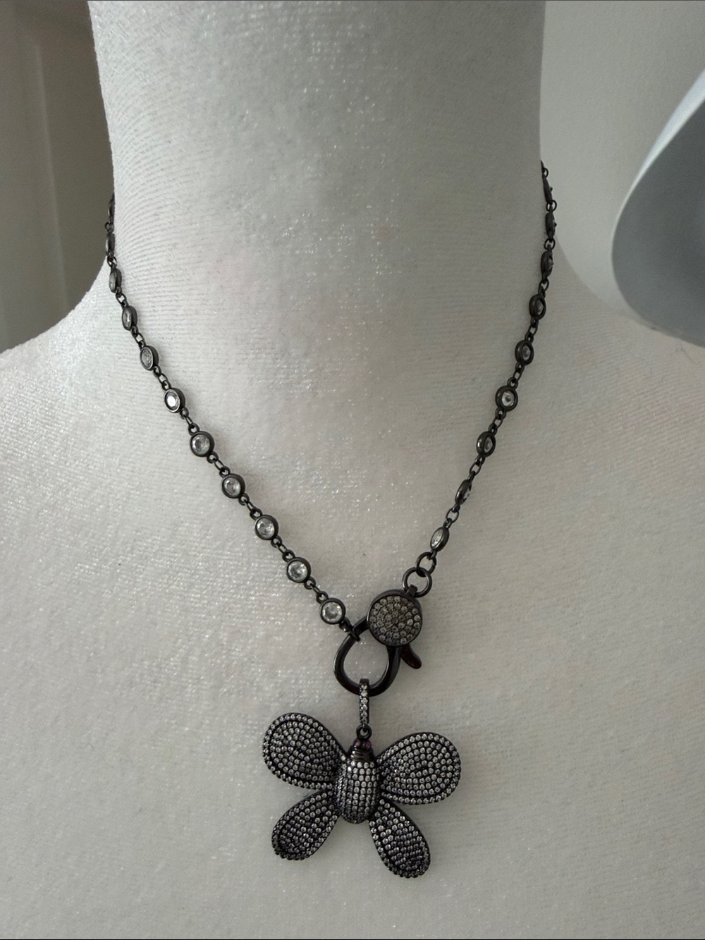 Delicate Black Crystal Butterfly Pendant Necklace